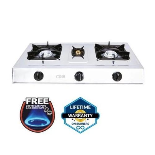 Mika Gas Stove, Table Top, Triple Burner, Non Stick Dark