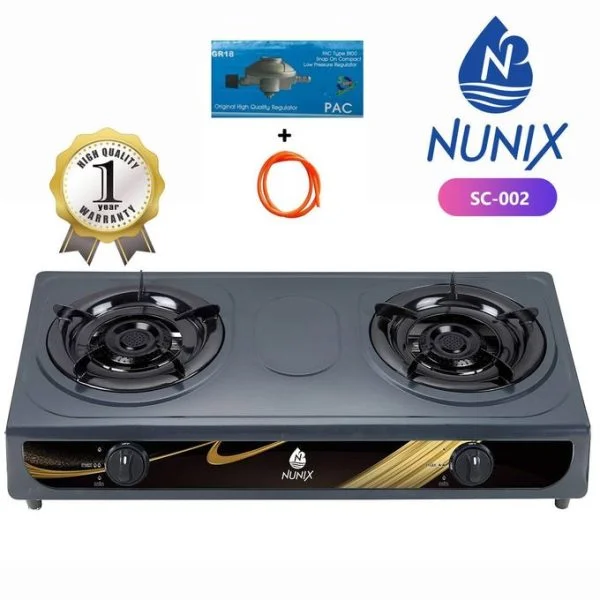 Nunix Table Top Double Burner Gas Stove Cooker + Pipe Regulator